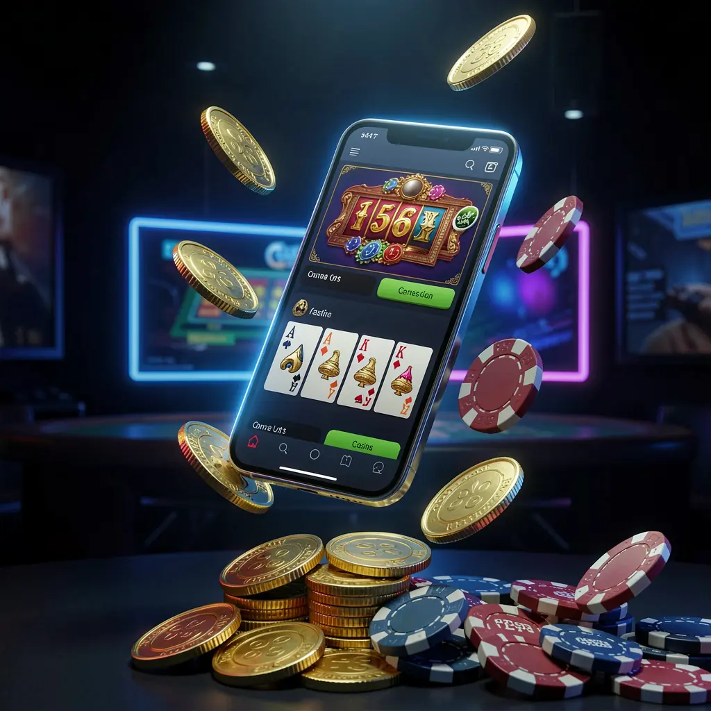 200SR online casino app promotion banner showing a phone floating above golden coins and poker chips with a dark blue and black background and cinematic neon glow in a realistic 3D render