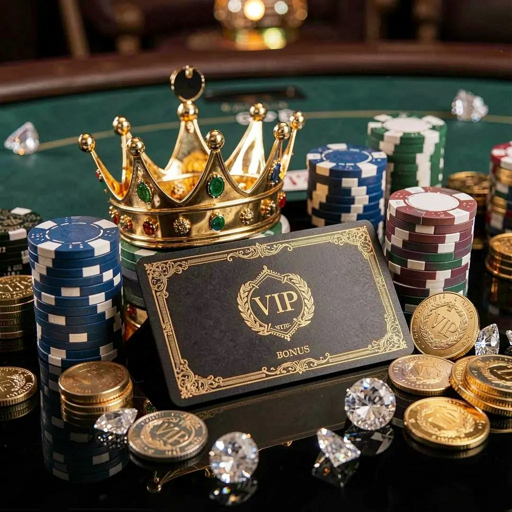 200SR VIP casino bonus concept featuring a golden crown, luxury membership card, poker chips, diamonds, and coins on a glossy black table in an elegant premium style