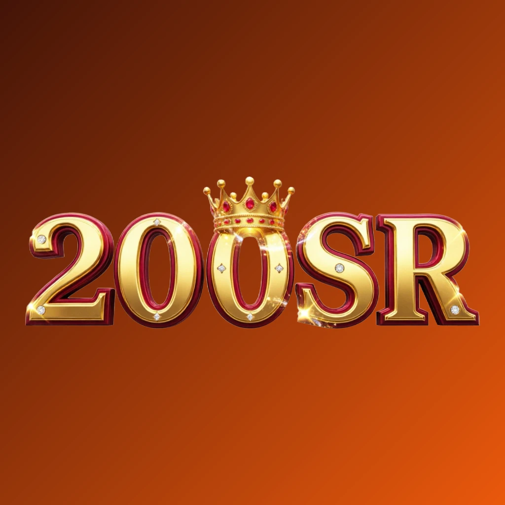 Dynamic casino-style logo for 200SR featuring massive bold lettering in bright gold and crimson colors with a glowing crown and sparkling light effects on a transparent background