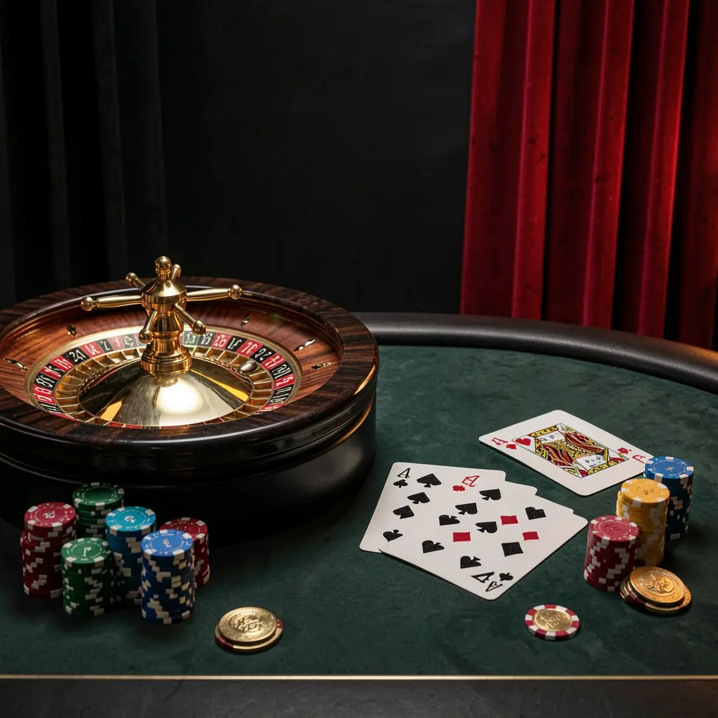 Elegant online casino gaming table featuring roulette, blackjack cards, poker chips, and coins with luxury cinematic lighting on a black and red background, showcasing 200SR's responsible gaming platform in the Philippines